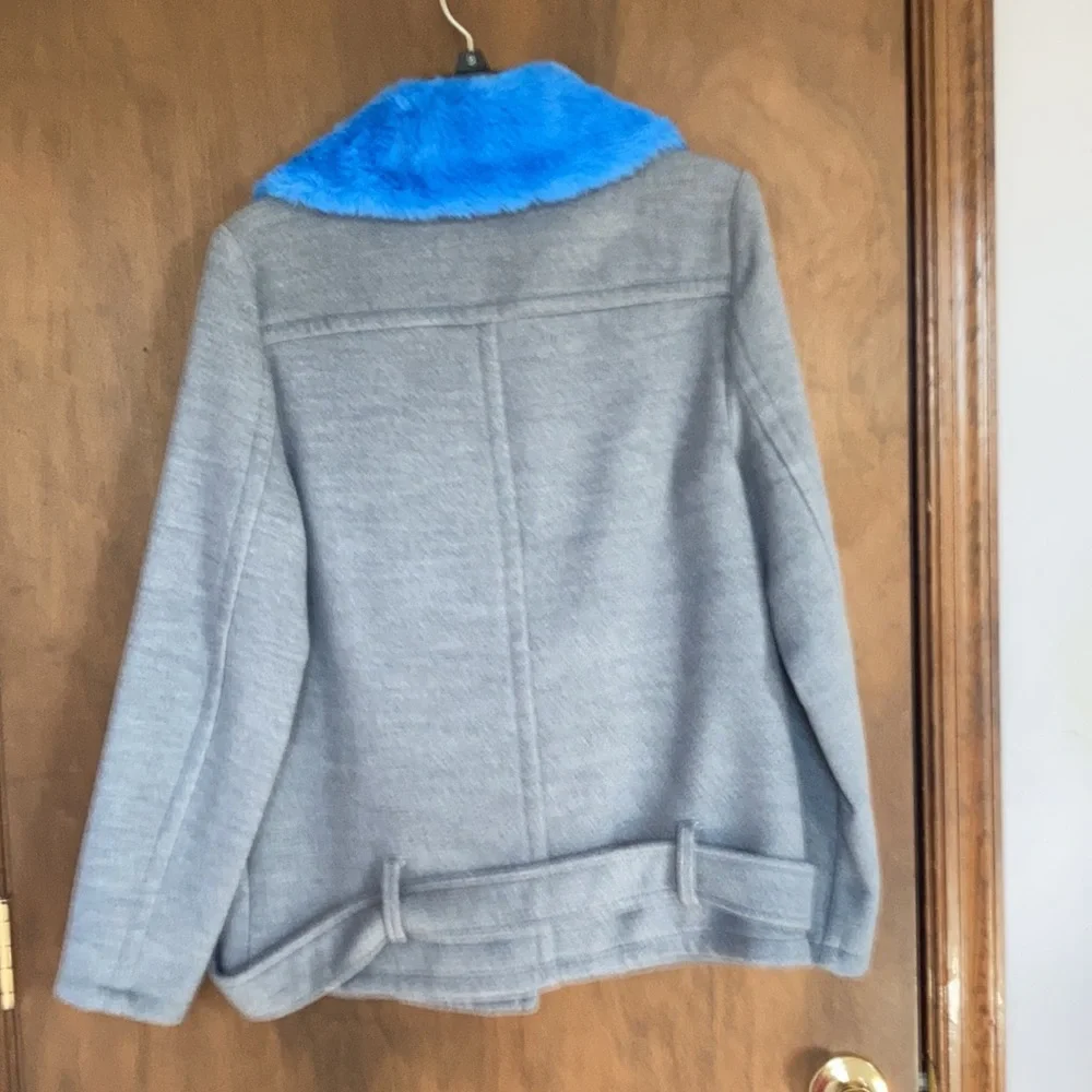 Nine West coat faux fur collar blue collar gray coat moto like style S - Picture 14 of 17